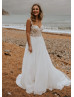 Wide Straps Beaded Ivory Lace Chiffon Boho Wedding Dress